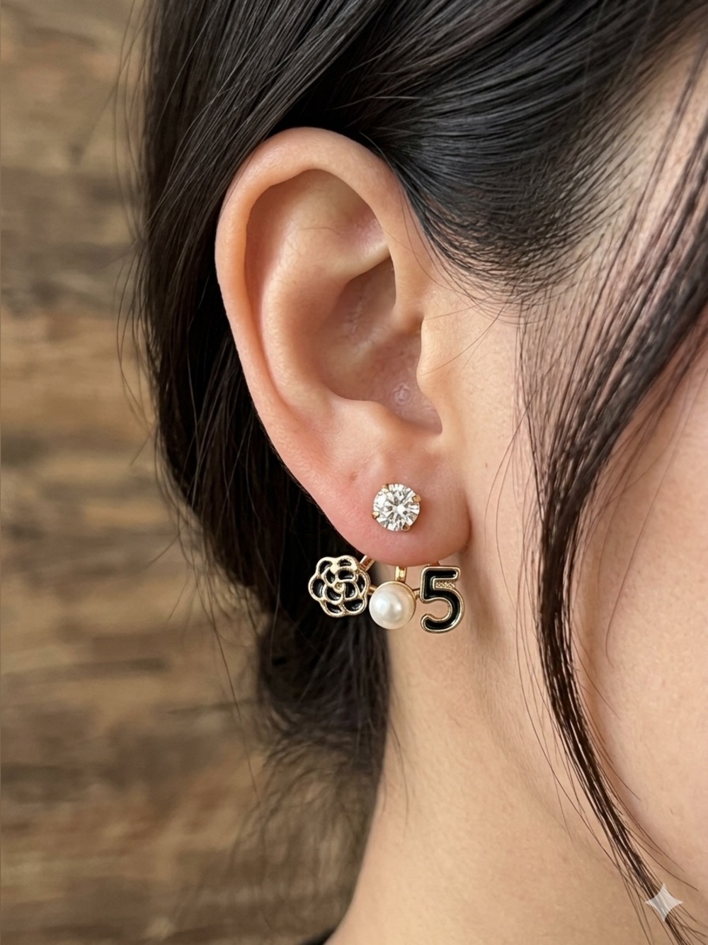 ChaneI Gold-Tone Pearl,Crystal, '5' , Camellia Stud Earrings With Jacket